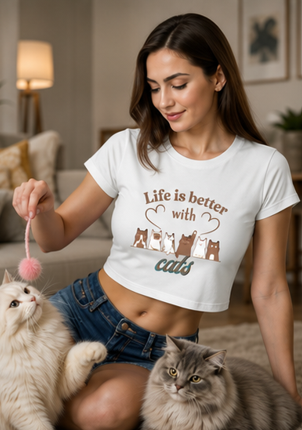 Crop Top - Life is better || Cool Cat Jade T-Shirt, Cat Lover Gift, Unique Graphic Tee